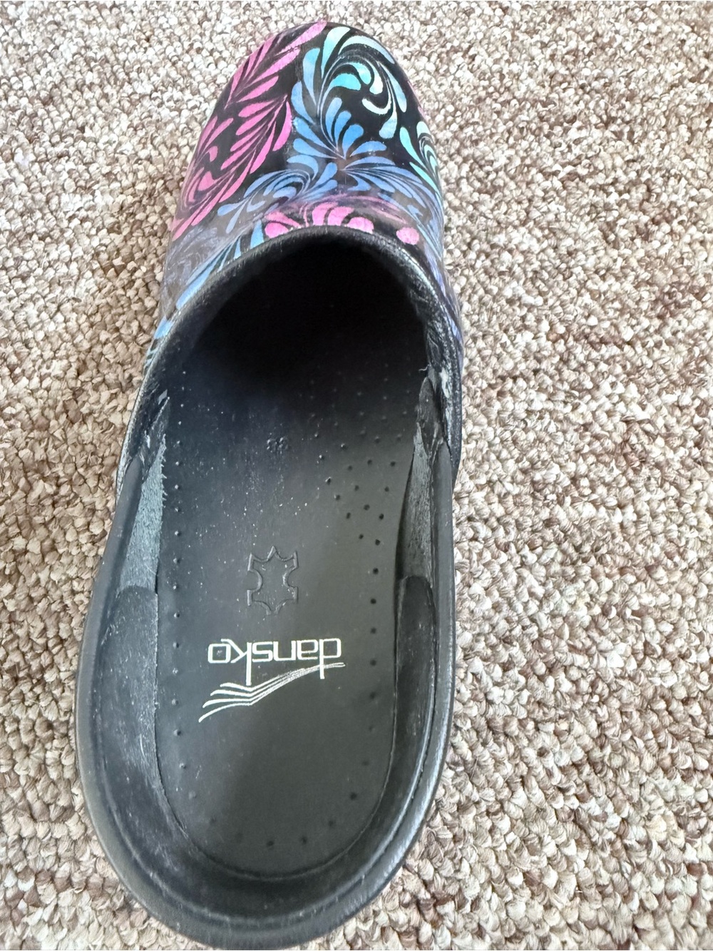 Dansko Black Clogs with Pink & Blue Floral Swirl - Picture 5 of 8